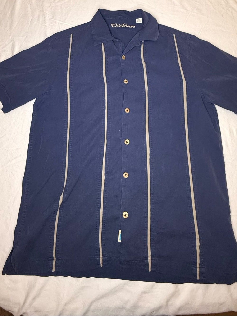 Caribbean Blue Silk Blend Vertical Panel Bowling Camp Shirt - Medium